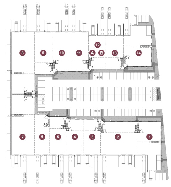 Plan d'étage des condos industriels et commerciaux à Saint-Jérôme, affichant la disposition des unités 1 à 14.